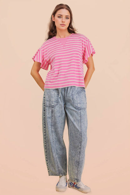 NT12476-Oversized Ruffle Sleeve Casual Stripe Knit Top
