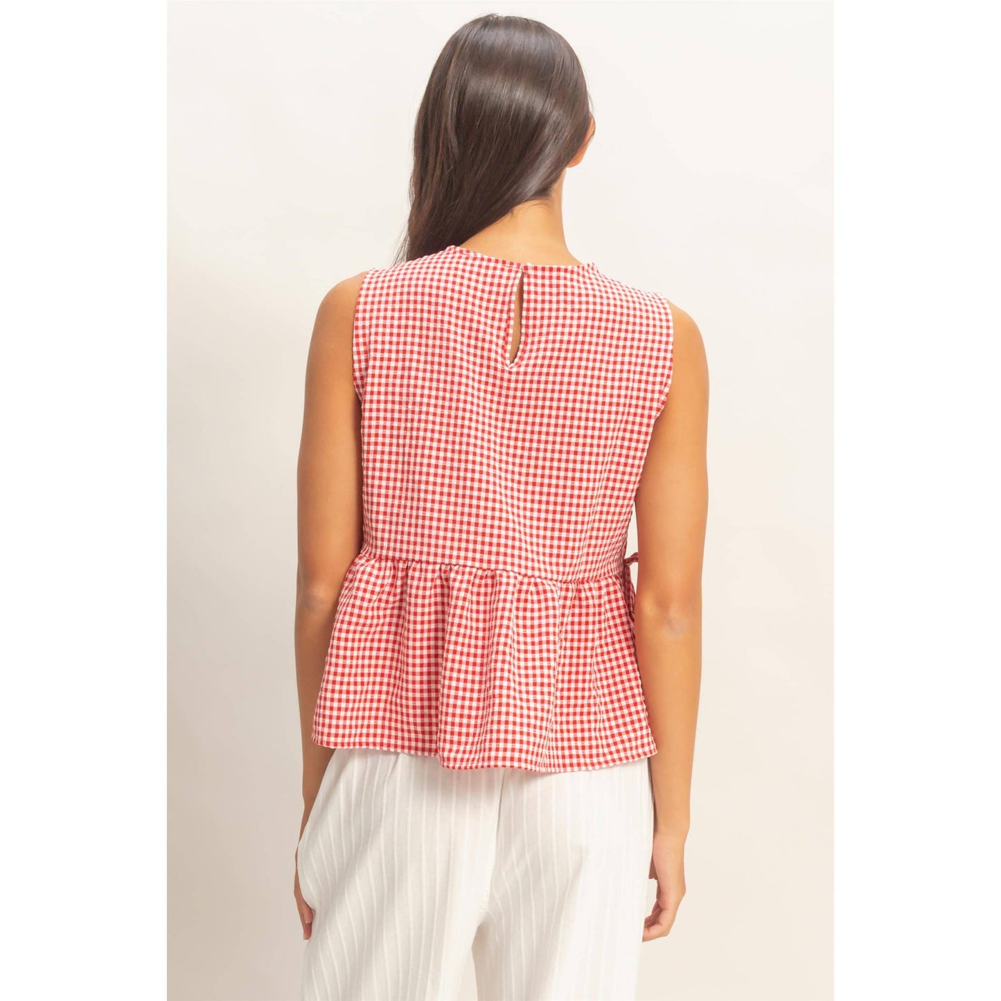 Gingham Sleeveless Peplum Top With Side Ties