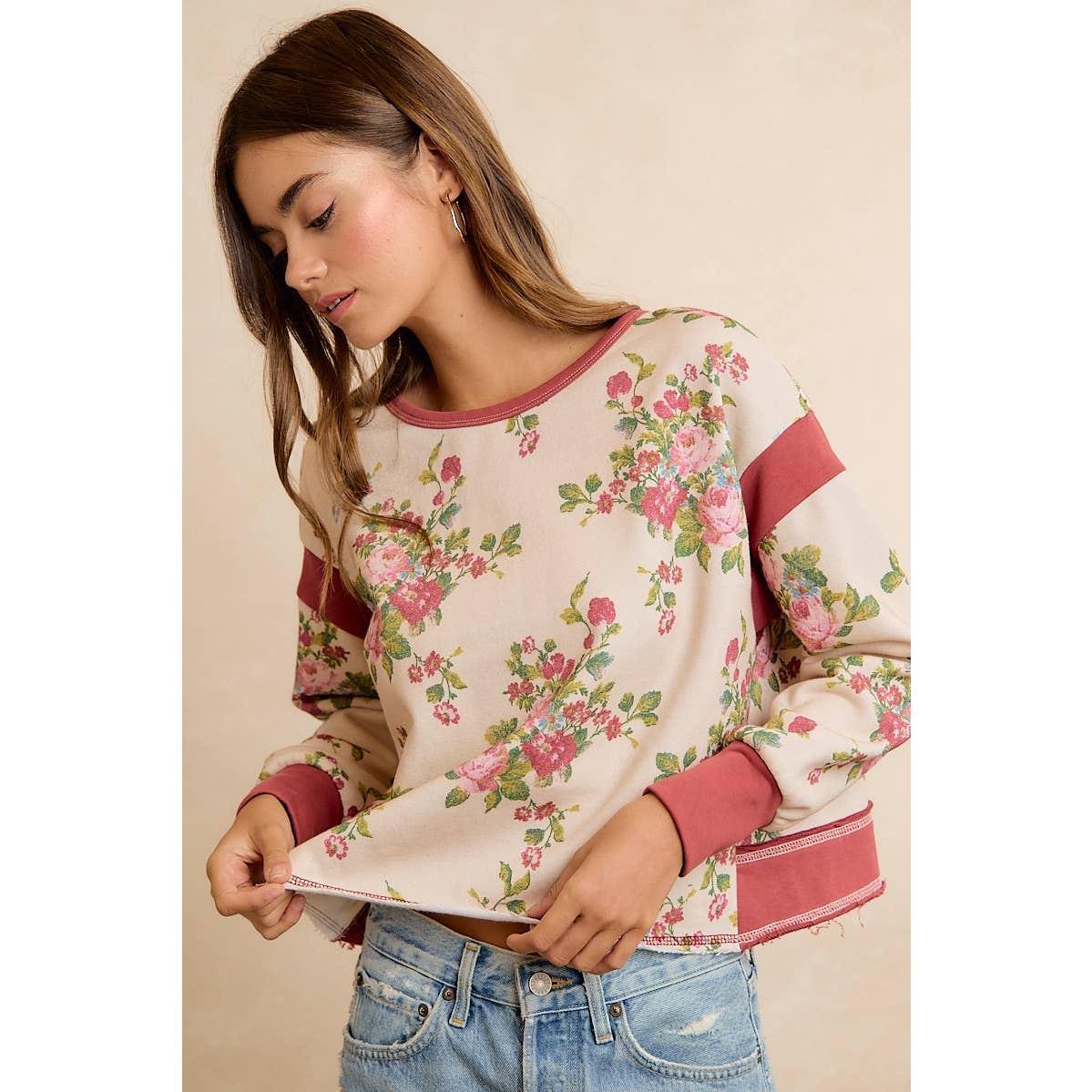 FLORAL BRUSHED OPEN BACK LONG SLEEVES TOP