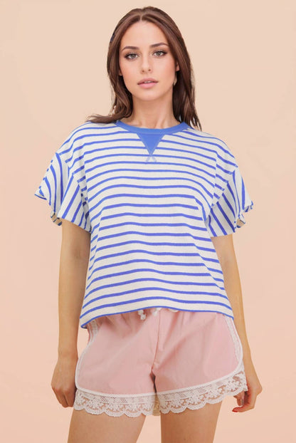 NT12476-Oversized Ruffle Sleeve Casual Stripe Knit Top