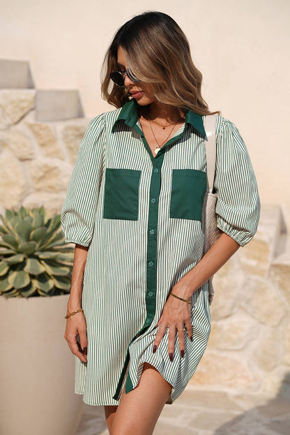Patch Pockets Button Down Short Puff Sleeve Dress