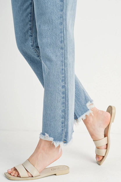 HIGH RISE STRAIGHT LEG DISTRESSED RAW HEM JEANS