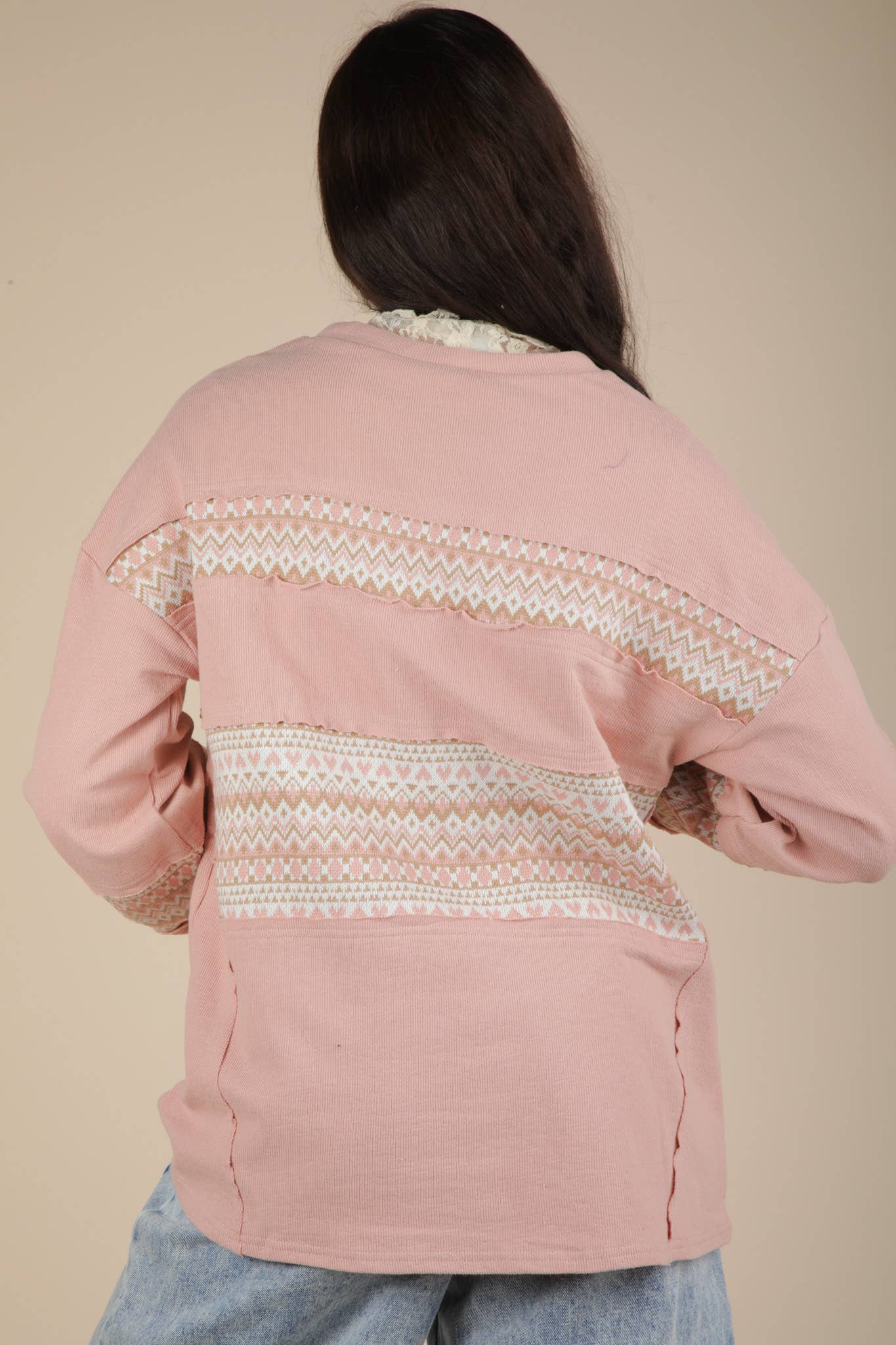 NT11784-Oversized Printed Knit Contrast Knit Top