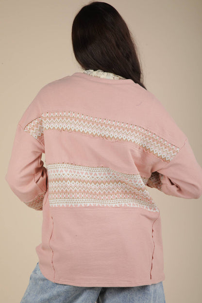 NT11784-Oversized Printed Knit Contrast Knit Top