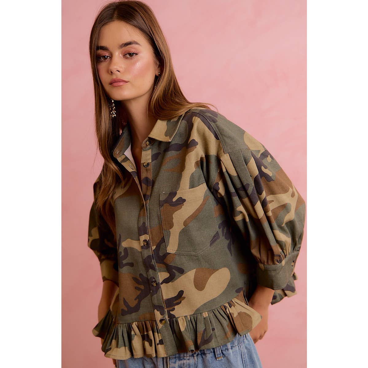 CAMO PRINTED RUFFLED HEM BUTTON DOWN BLOUSE