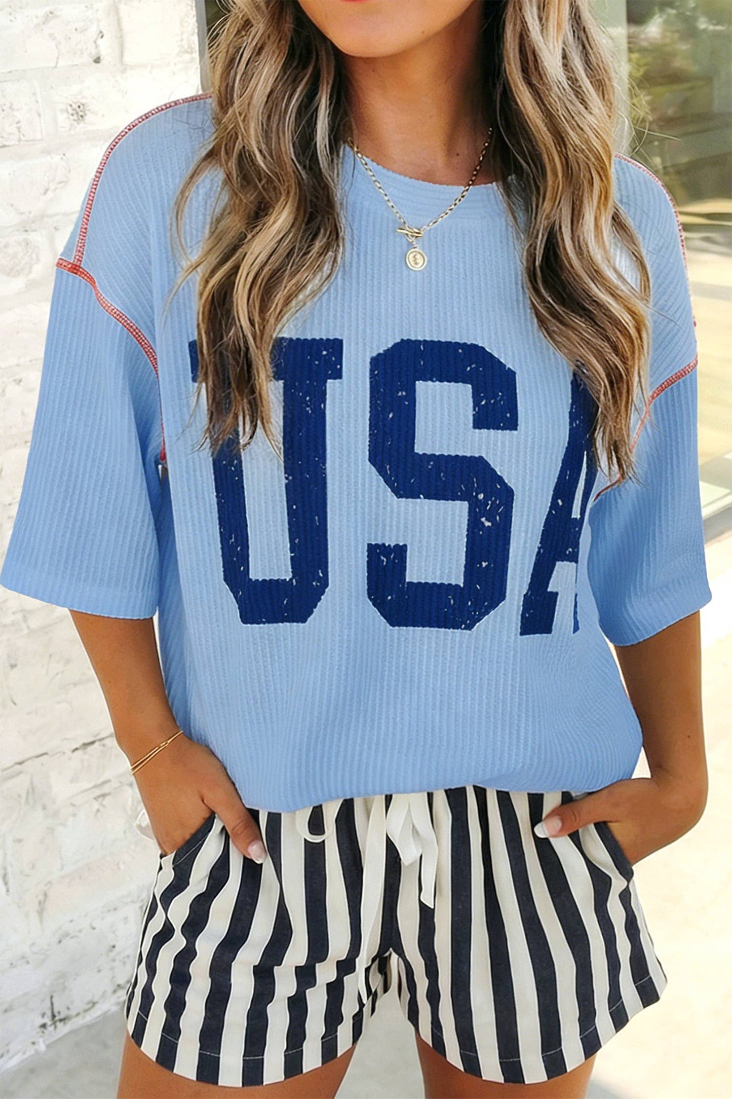 USA Graphic Half Sleeve Ribbed Top