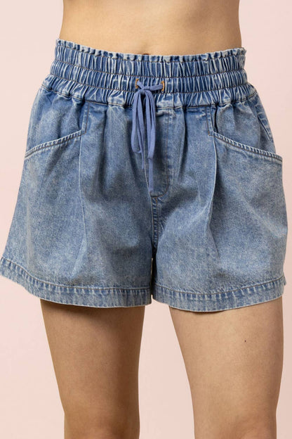 PLUS SIZE Elastic Waist Washed Chambray Shorts