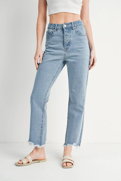 HIGH RISE STRAIGHT LEG DISTRESSED RAW HEM JEANS