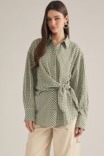Gingham Long Sleeve Self-Tie Top