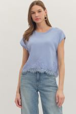 Cap Sleeve Knit Lace Top Chambray