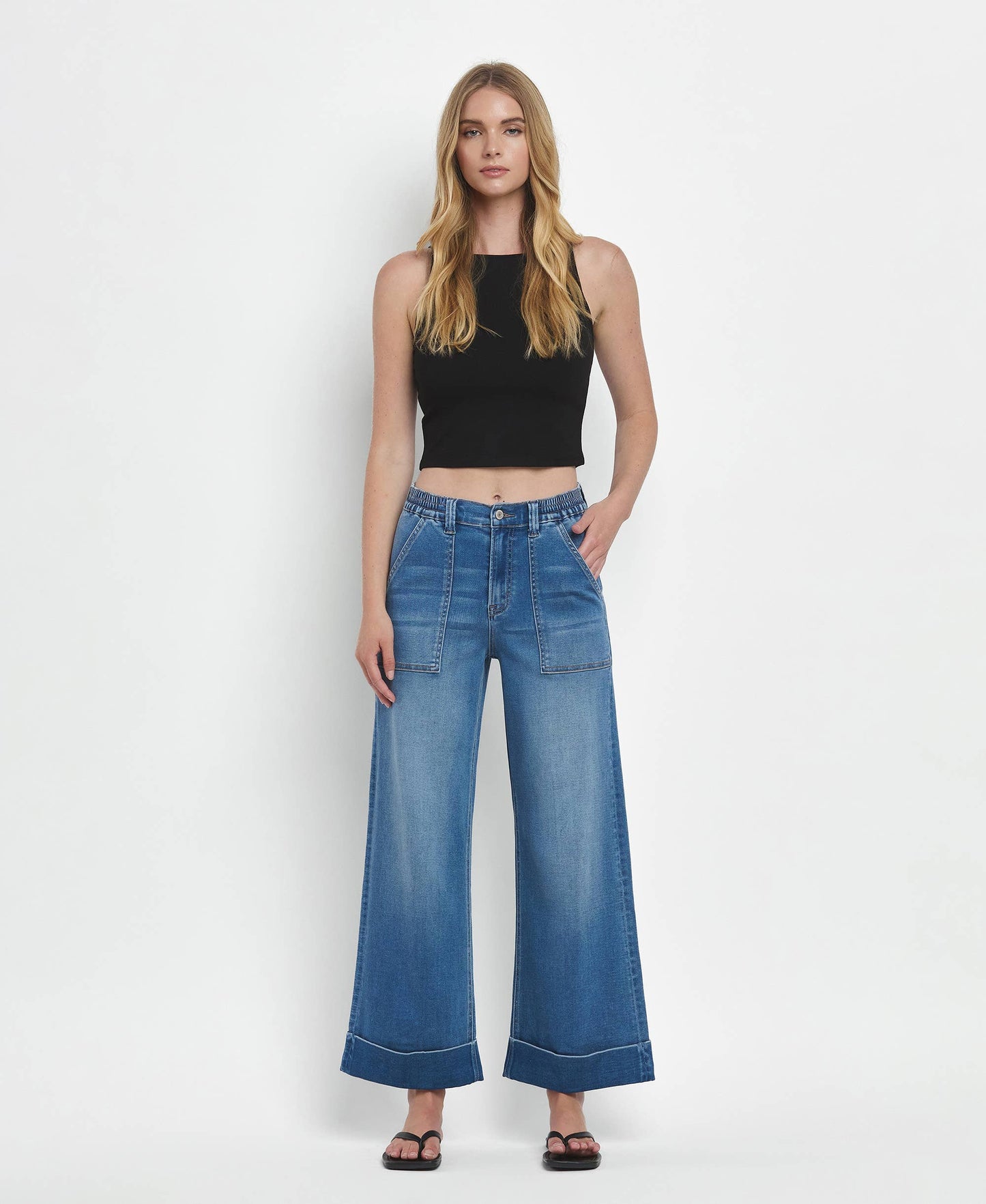 KRIS HIGH RISE DOUBLE CUFFED BAGGY WIDE JEANS