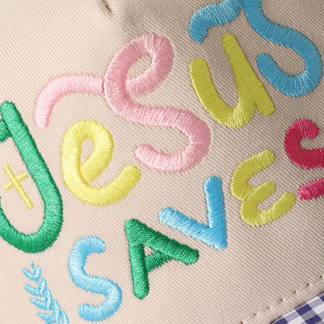 JESUS SAVES Embroidered Gingham Trucker Hat