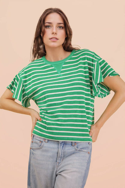 NT12476-Oversized Ruffle Sleeve Casual Stripe Knit Top