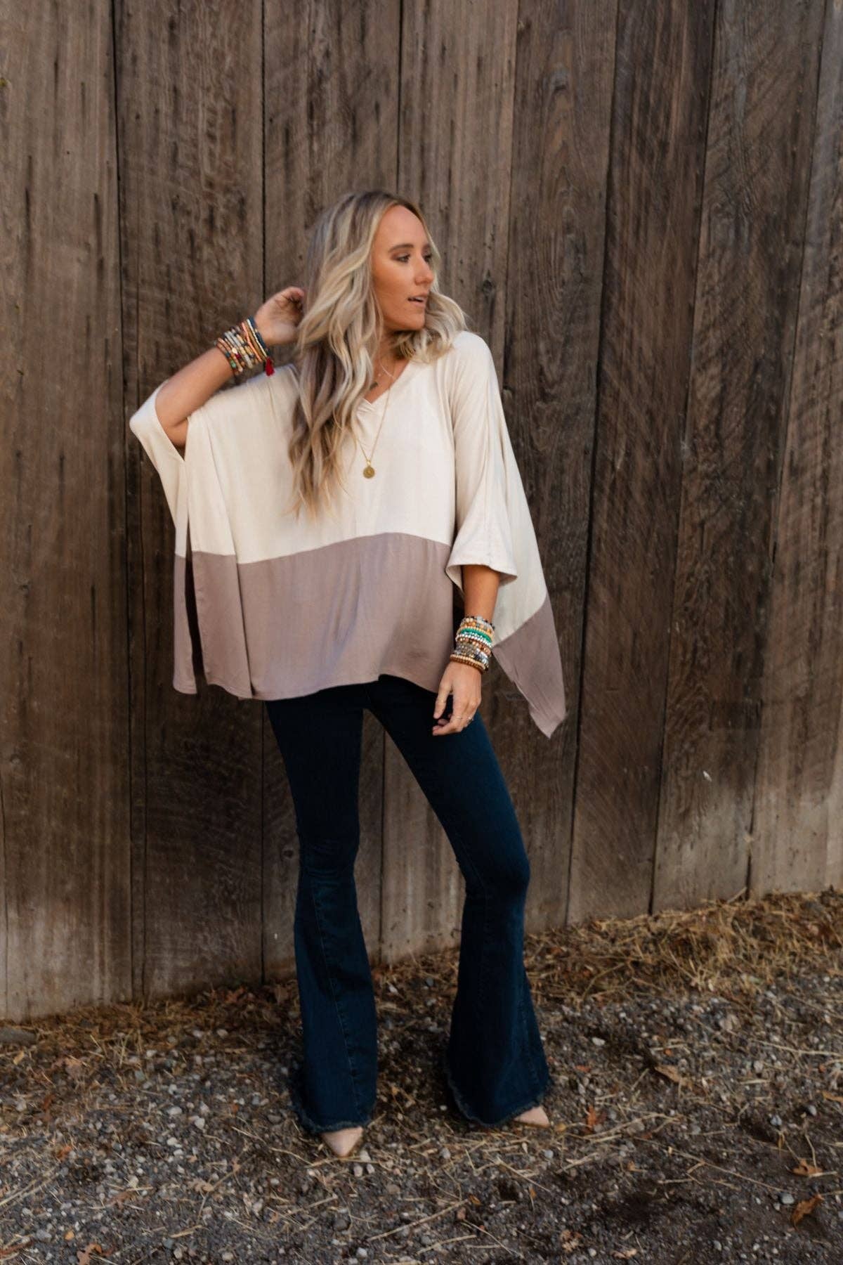 Oversized Coffee Sunsets V Neck Top - Brown