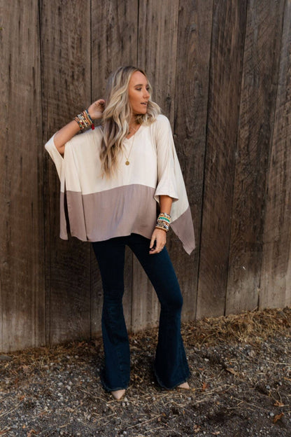 Oversized Coffee Sunsets V Neck Top - Brown