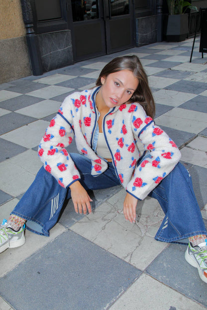 Oversized Floral Printed Fleece Sherpa Jacket