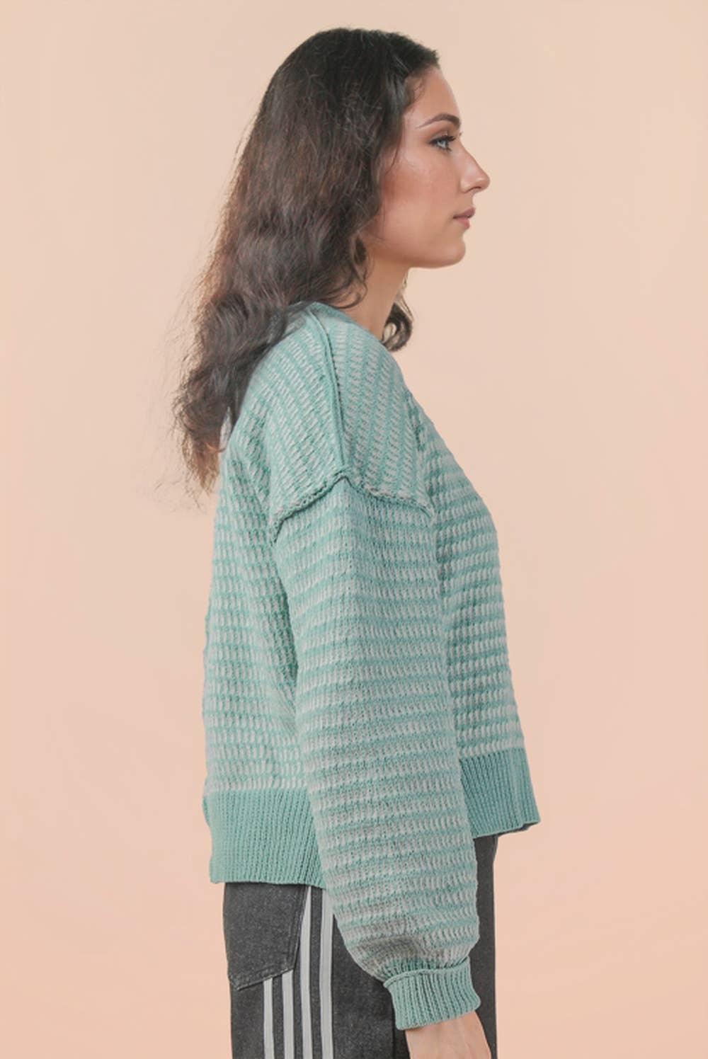 Two Tone Textured Knit Casual Sweater Top