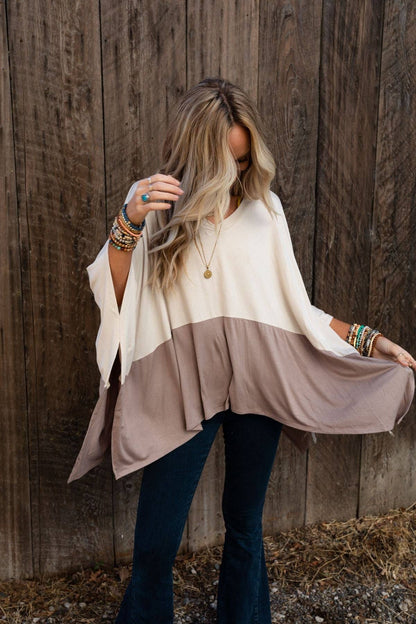 Oversized Coffee Sunsets V Neck Top - Brown