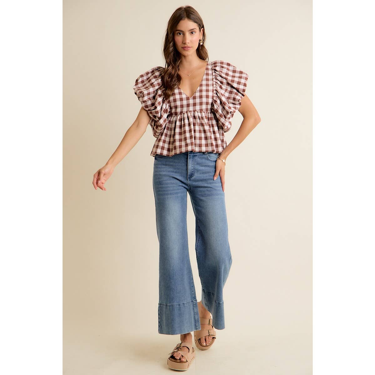 GINGHAM BUBBLE SLEEVES BACK SMOCKED BLOUSE TOP