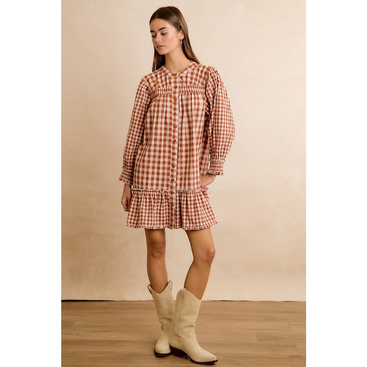 GINGHAM SMOCKED RUFFLE HEM MINI DRESS