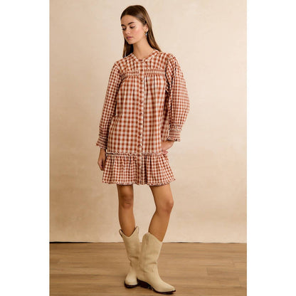 GINGHAM SMOCKED RUFFLE HEM MINI DRESS