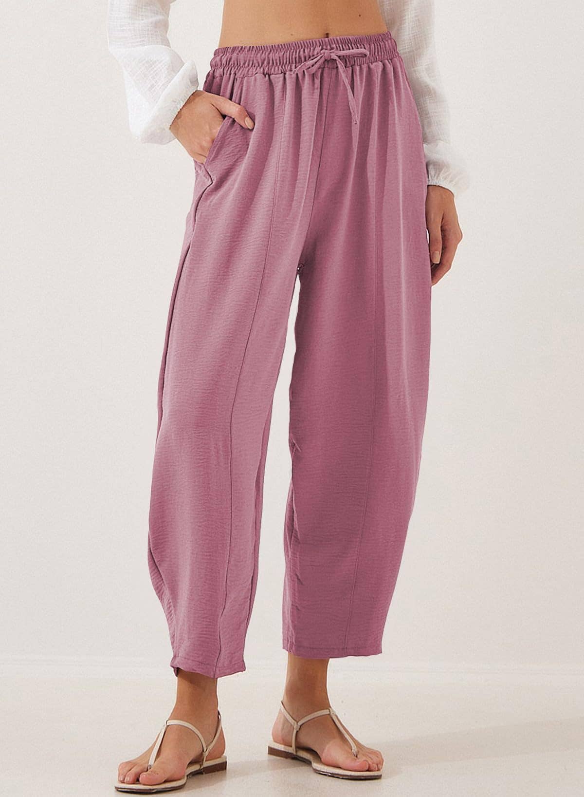Women's Elastic Waist Drawstring Casual Cropped Harem Pants