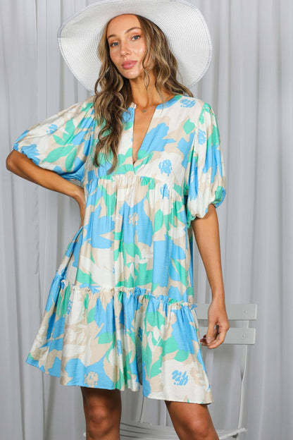 Floral Print V-Neck Tired Baby Doll Casual Dress