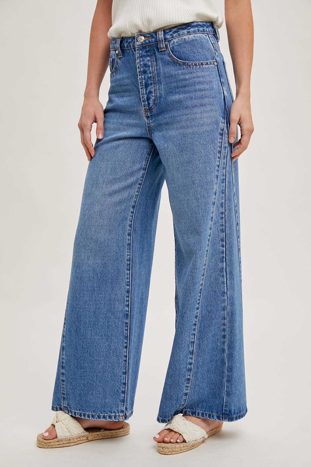 DENIM WIDE LEG MID RISE FLARE JEANS