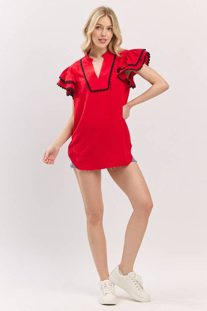Game day Ruffle Sleeve Scallop Trim Top