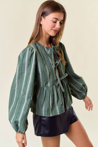 Corduroy Long Sleeve Bow Tie Front Peplum Blouse
