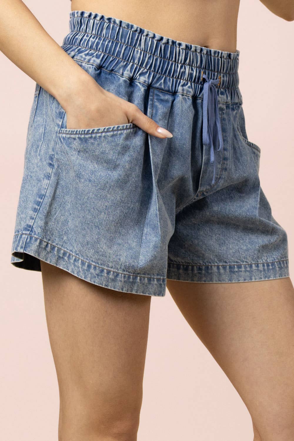 PLUS SIZE Elastic Waist Washed Chambray Shorts