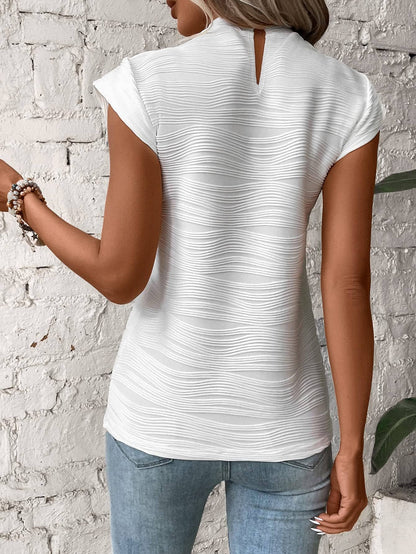 Half-Neck Textured Button-Down Short-Sleeved T-Shirt Top: White