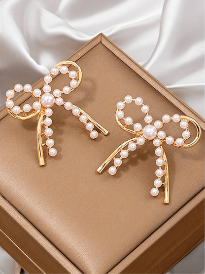 Pearl Embellished Alloy Bow Knot Stud Earrings