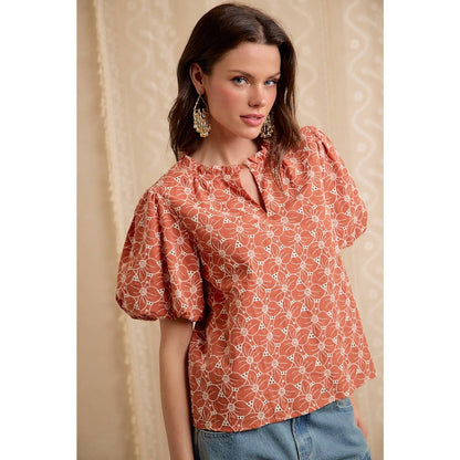 RUST COTTON EYELET PUFF SLEEVE BLOUSE