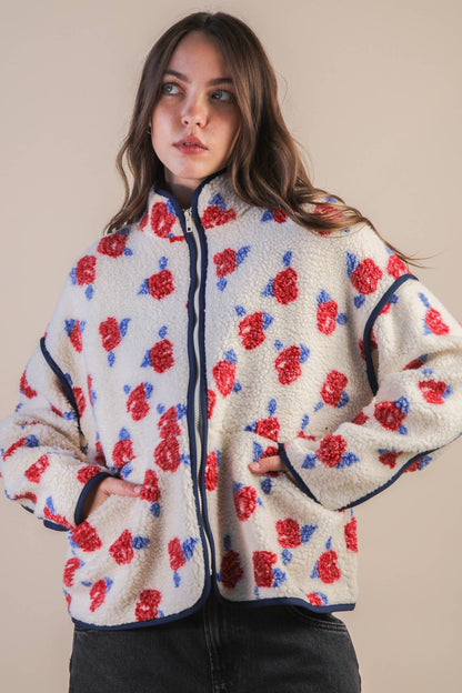 Oversized Floral Printed Fleece Sherpa Jacket