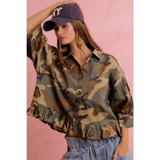 CAMO PRINTED RUFFLED HEM BUTTON DOWN BLOUSE