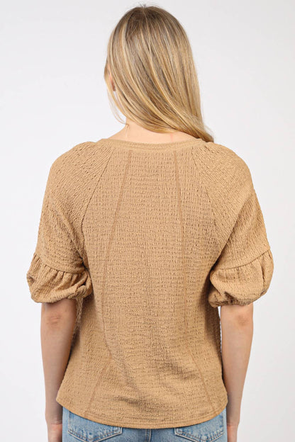 Half Puff Sleeve Crinkle Knit Top