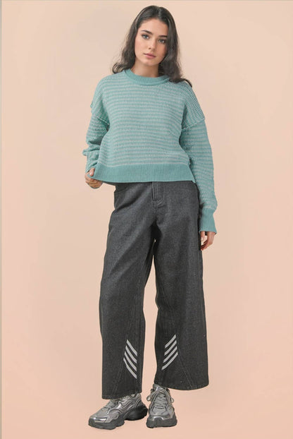 Two Tone Textured Knit Casual Sweater Top