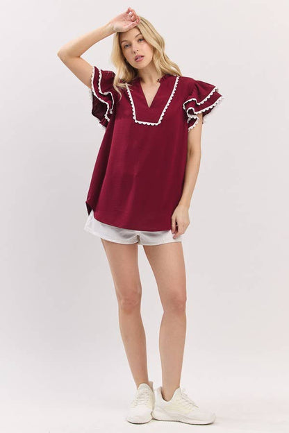 Game day Ruffle Sleeve Scallop Trim Top