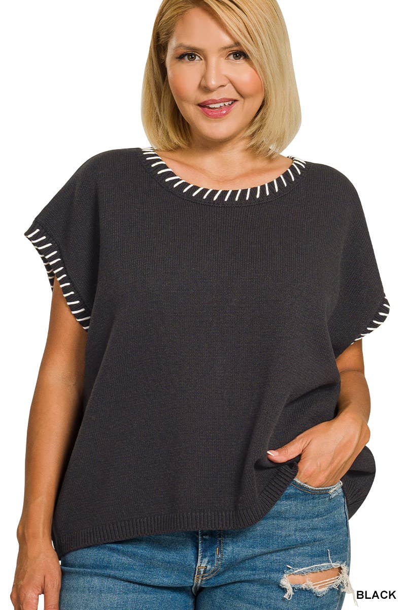 Plus Stitch Detailed Oversize Sweater Vest Zenana