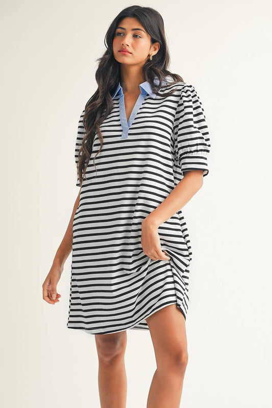 Stripe Contrast V Neck Collared T Shirt Mini Dress