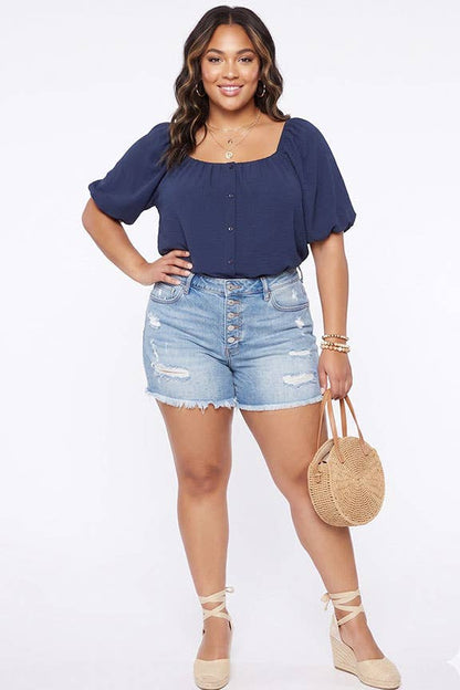 Plus Size Bubble Sleeve Button Front Blouse