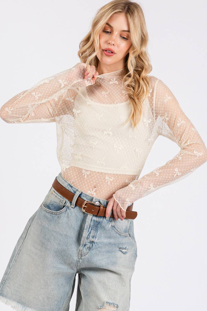 BOW PRINT LONG SLEEVE LACE TOP