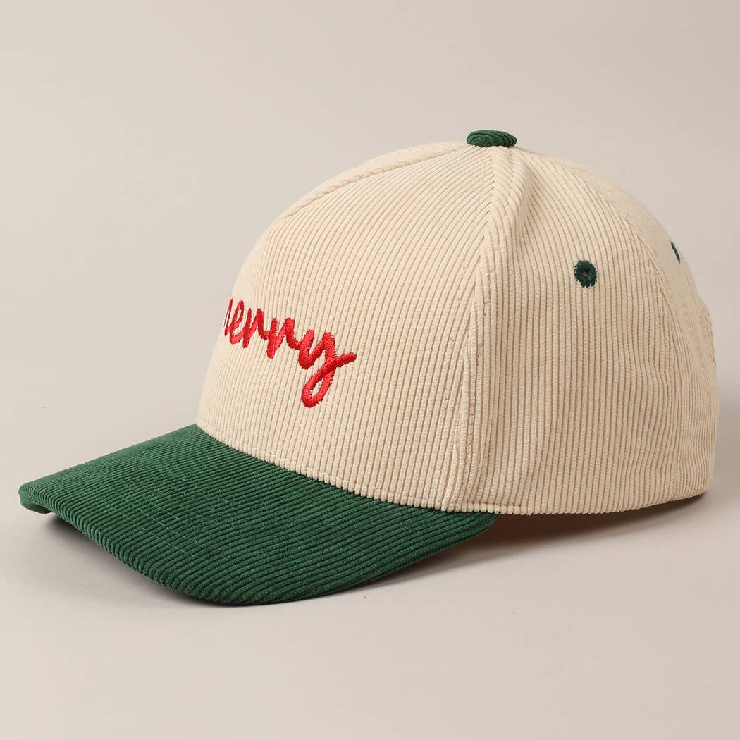 Merry Text Embroidery Two-Tone Corduroy Cap