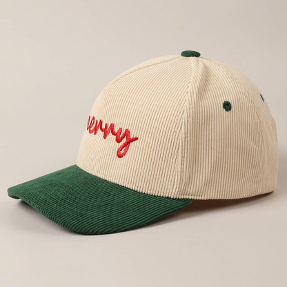 Merry Text Embroidery Two-Tone Corduroy Cap