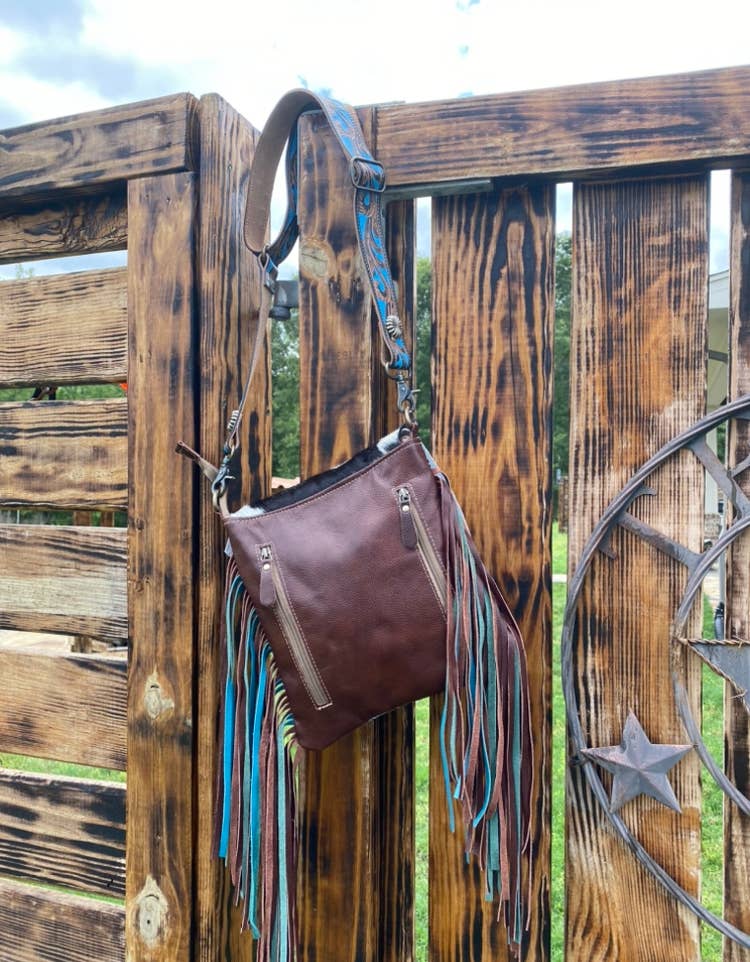 Myra Tooled Leather Cowhide Fringe Western Bag - Crossbody