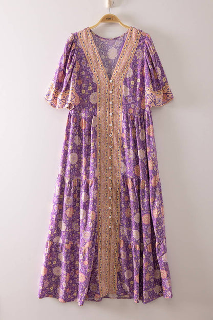 Vintage Boho Floral Button-Front Tiered Midi Dress