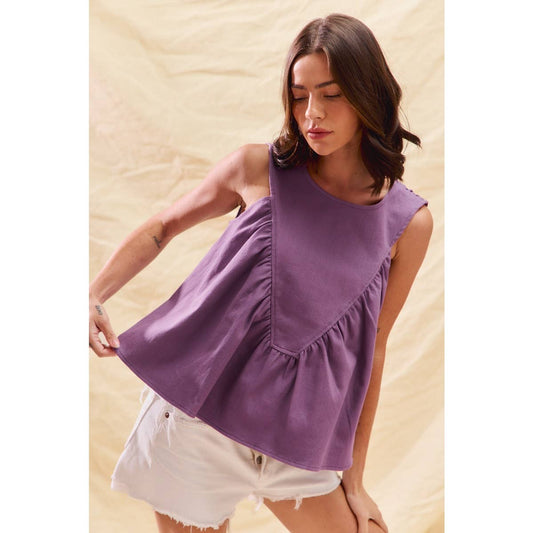 GAME DAY COLOR DENIM RUCHED SLEEVELESS TOP