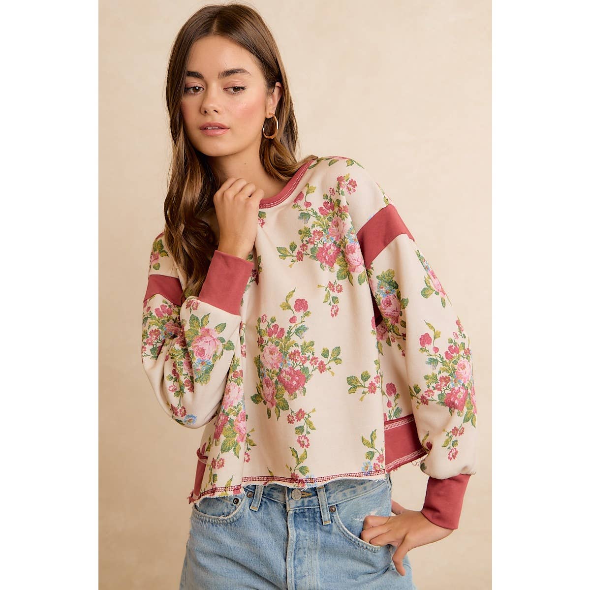 FLORAL BRUSHED OPEN BACK LONG SLEEVES TOP