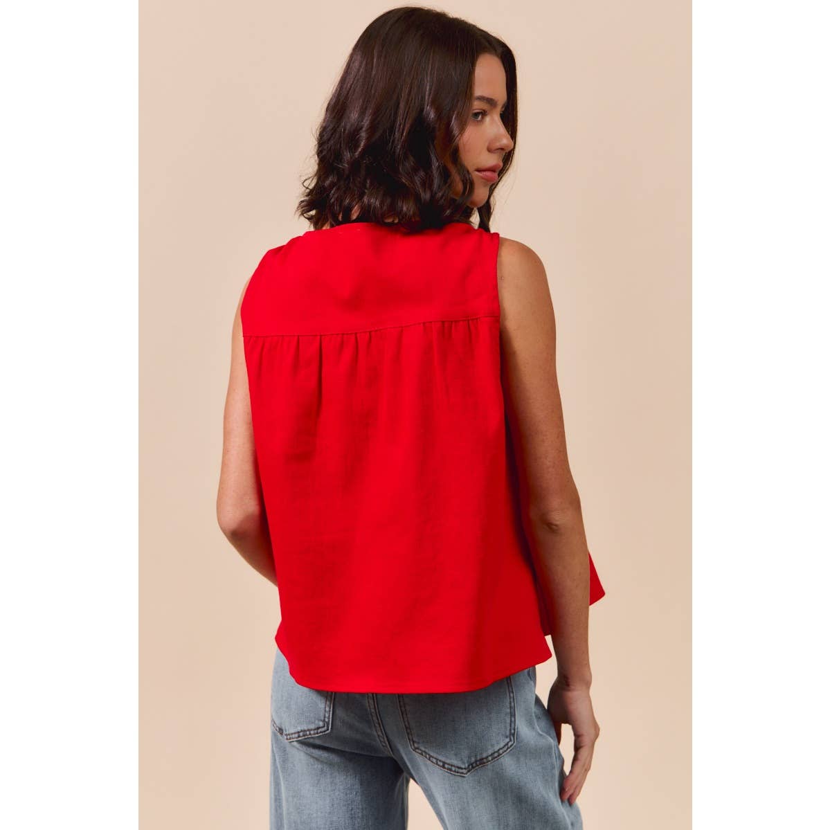 GAME DAY COLOR DENIM RUCHED SLEEVELESS TOP